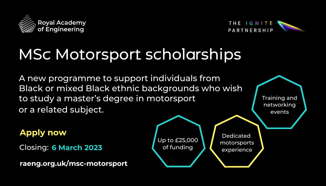 Royal Academy of Engineering MSc Motorsport Scholarship Programme 2023 (up to £25,000)